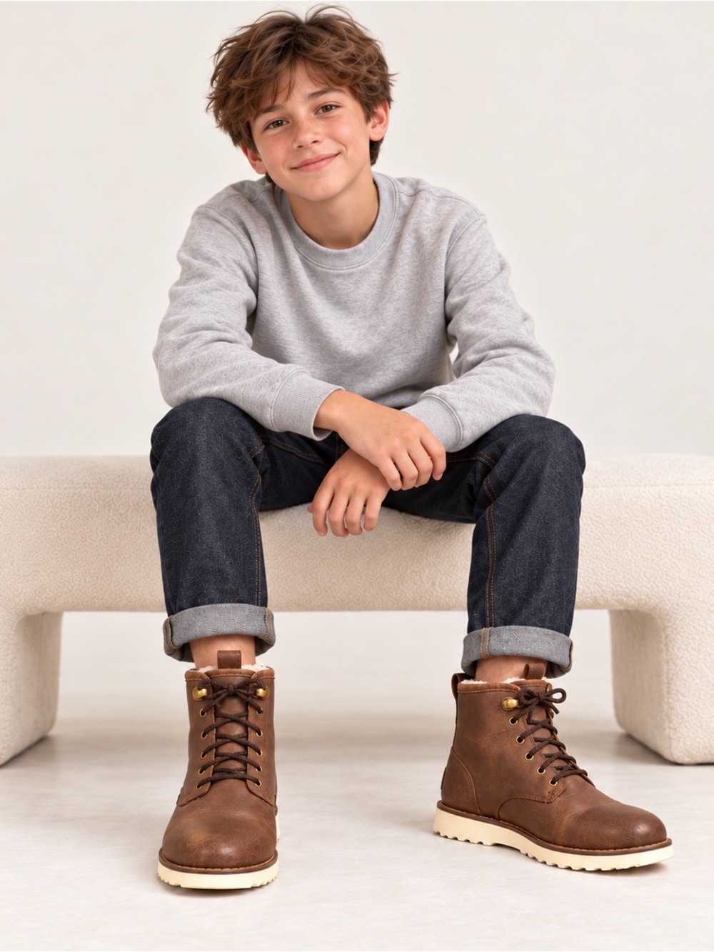 UGG Kids Maple Waterproof Leather Lace-Up Boots Brown Size 5 1003165K